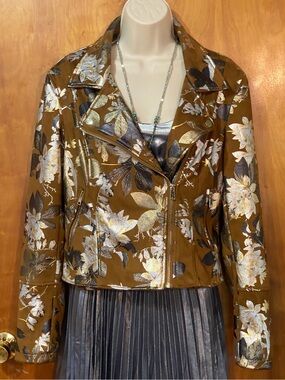 NWOT River Island moto jacket,tan faux suede,metallic silver floral embossed,8